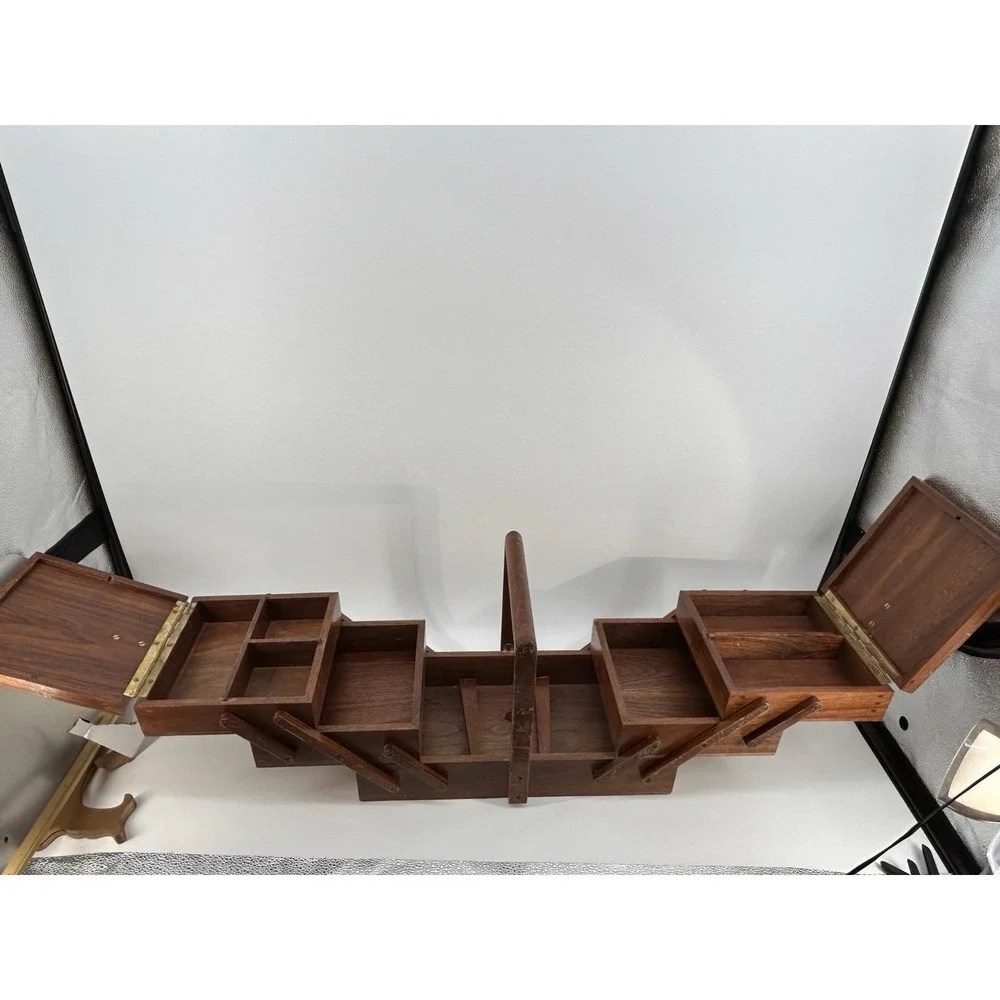 Vintage Mid Century Wooden Accordion Fold Out Sewing Box Cantilever Sewing Box